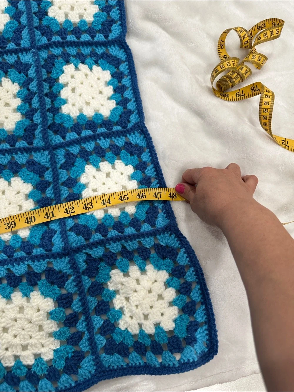 Handmade by “Anushikk” Blue & White Crochet Granny Square Throw Blanket